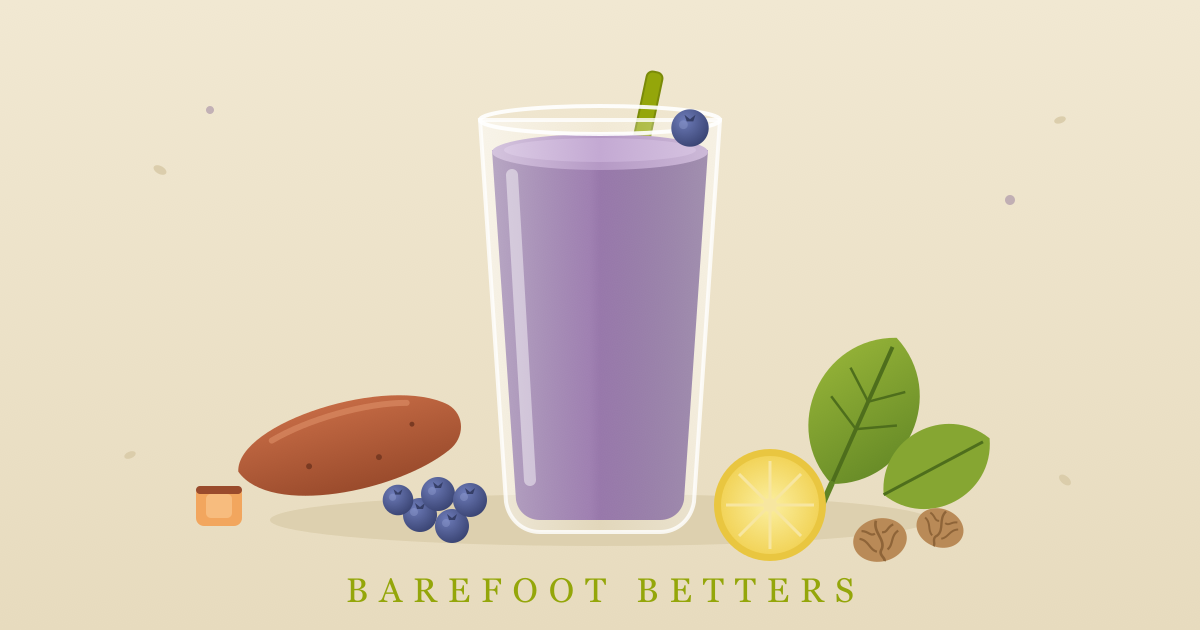 A tall glass of blueberry-purple recovery smoothie surrounded by its ingredients: sweet potato, spinach, walnuts, blueberries, and a lemon half (illustration)